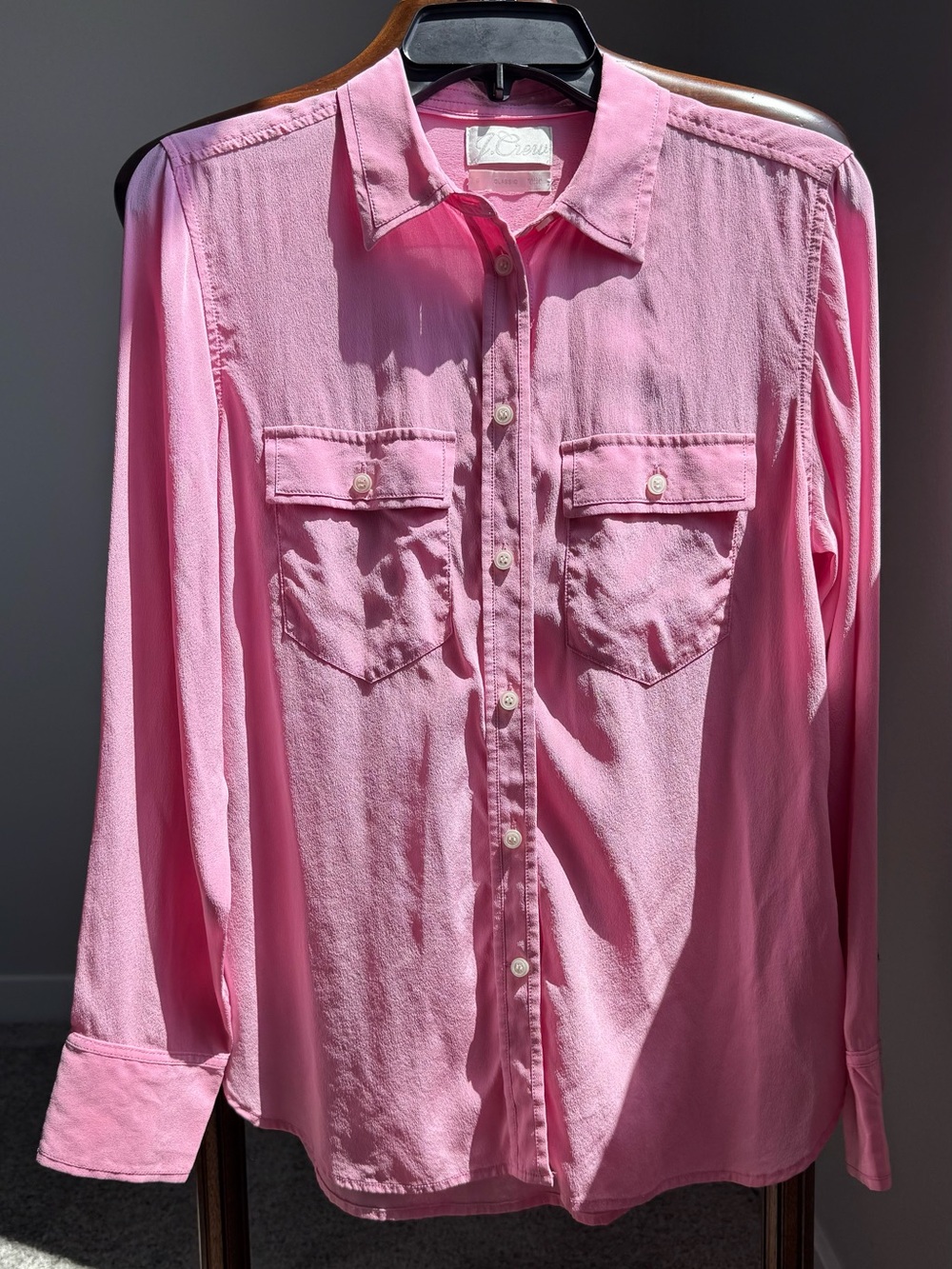 J.Crew 100% Silk Pink Button Up Blouse Classic Coquette Barbie Long Sleeve Sz 6